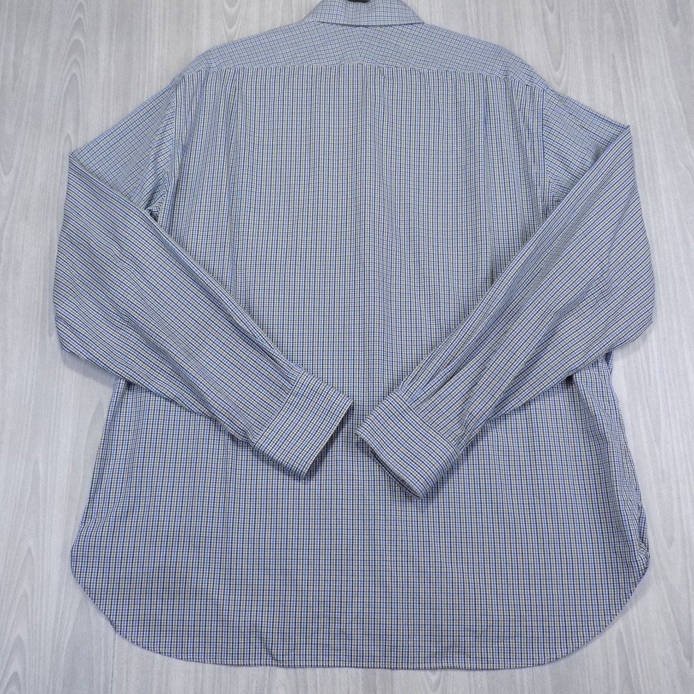 Peter Millar Nanoluxe Shirt Mens 17.5 Blue Brown Check Extra Long Button-Down - Picture 7 of 9